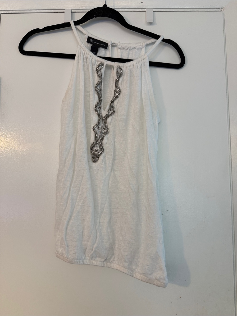 INC International Concepts White Halter Tank with Silver Bead Trim